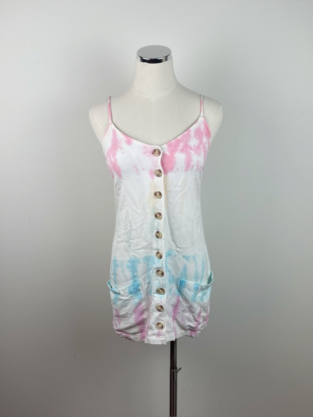 Rip Curl White Pink Blue Tie Dye Bohemian Button Front Mini Dress Small Surfer